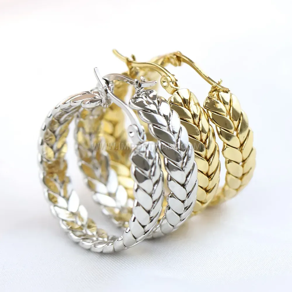 Textured Wheat Pattern Stainless Steel Hoop Earrings
