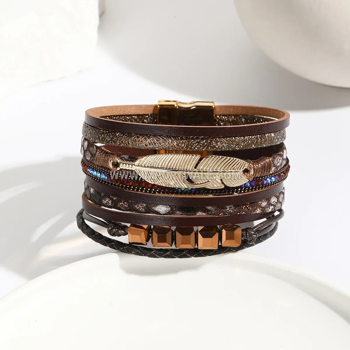 Handwoven PU Leather Feather Charm Magnetic Bracelet