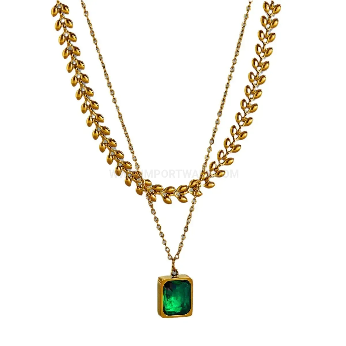 Trendy Layered Titanium Steel Emerald Zircon Pendant Necklace