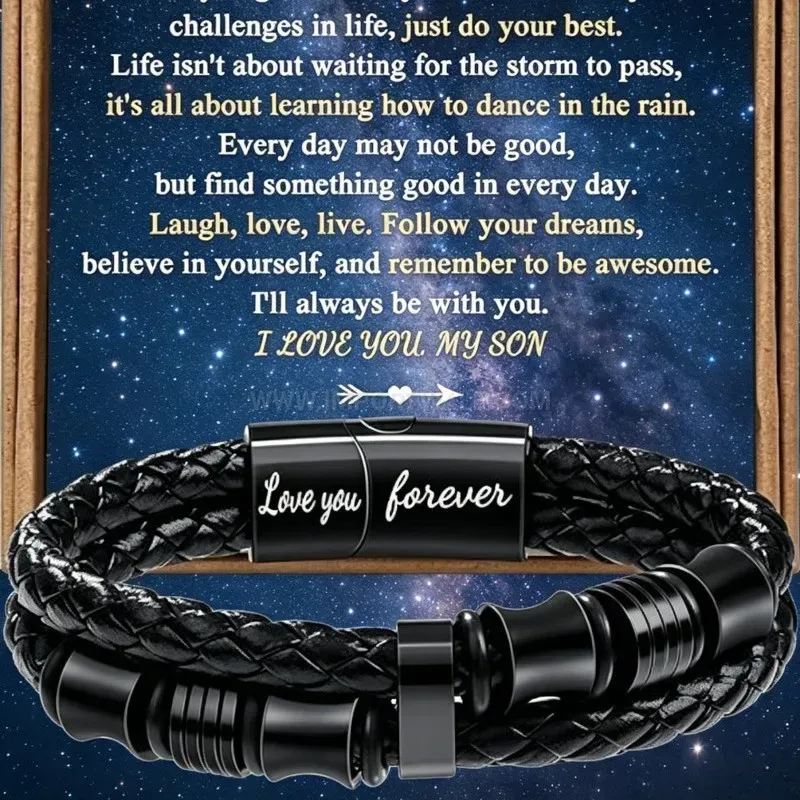 Premium Men Woven Leather Magnetic Bracelet With Engraved Sentiment Card