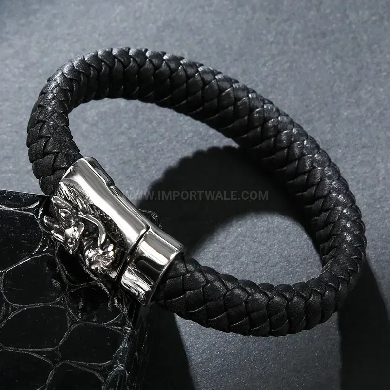 Bold Dragon Head Stainless Steel and Genuine Leather Men's Bracelet