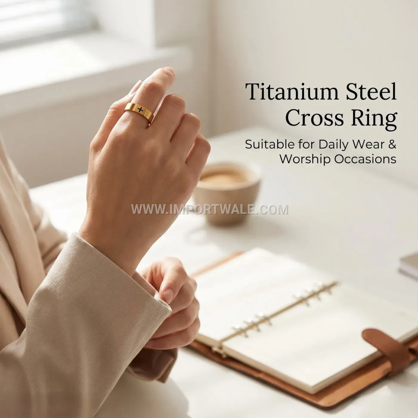 Laser-Engraved Flat Cross Band Ring in Stainless Steel