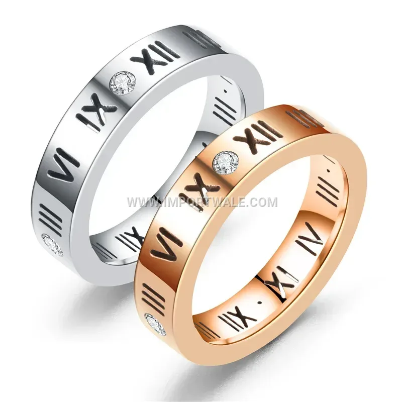 Stainless Steel Roman Numeral Crystal Inlaid Band Ring