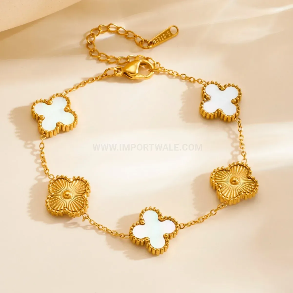 Stainless Steel Mother of Pearl Four Leaf Clover Bracelet