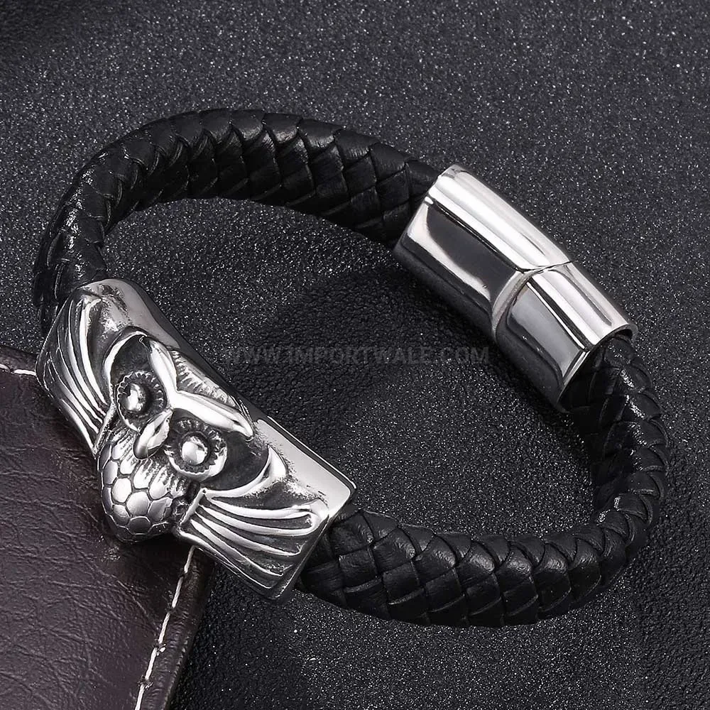 Classic Stainless Steel Owl Charm Black Leather Magnetic Bracelet