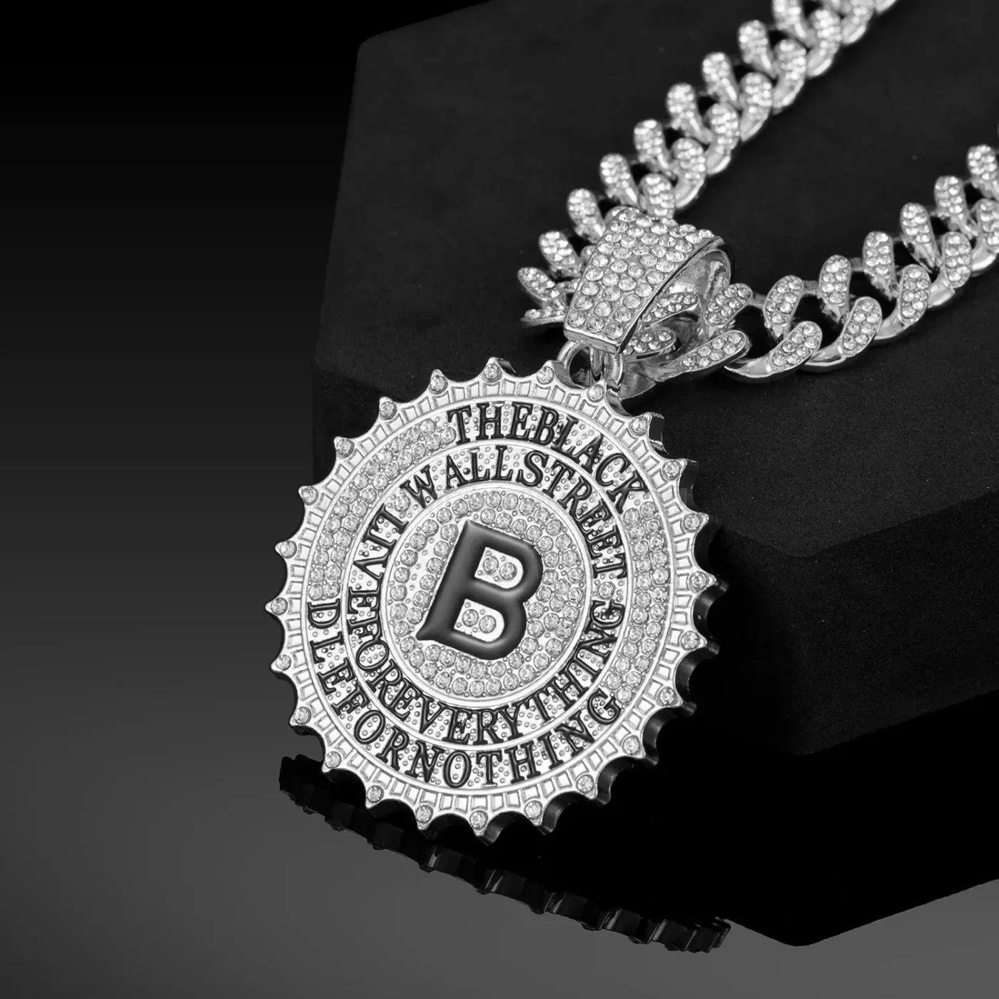 Iced Out Round Letter B Medallion Hip Hop Pendant Necklace