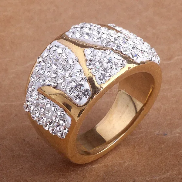Wave Shaped Gold Plated Stainless Steel Rhinestone Ring