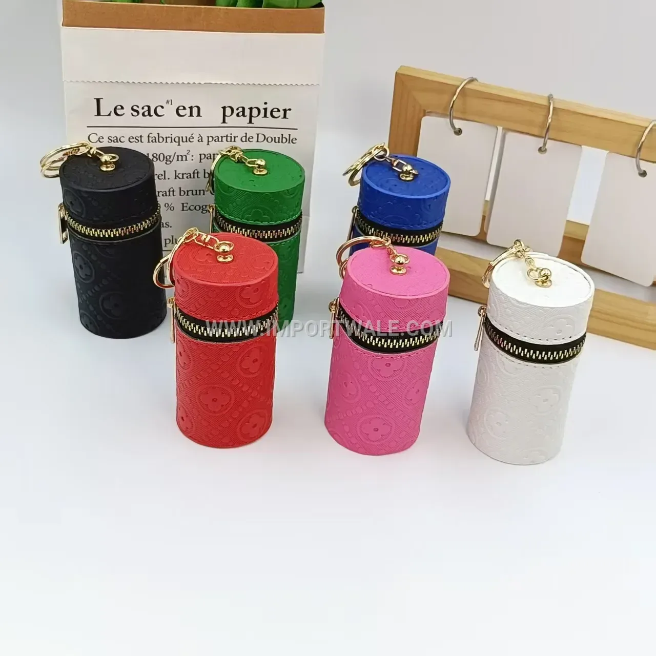Embossed Faux Leather Mini Pouch Key Ring Charm