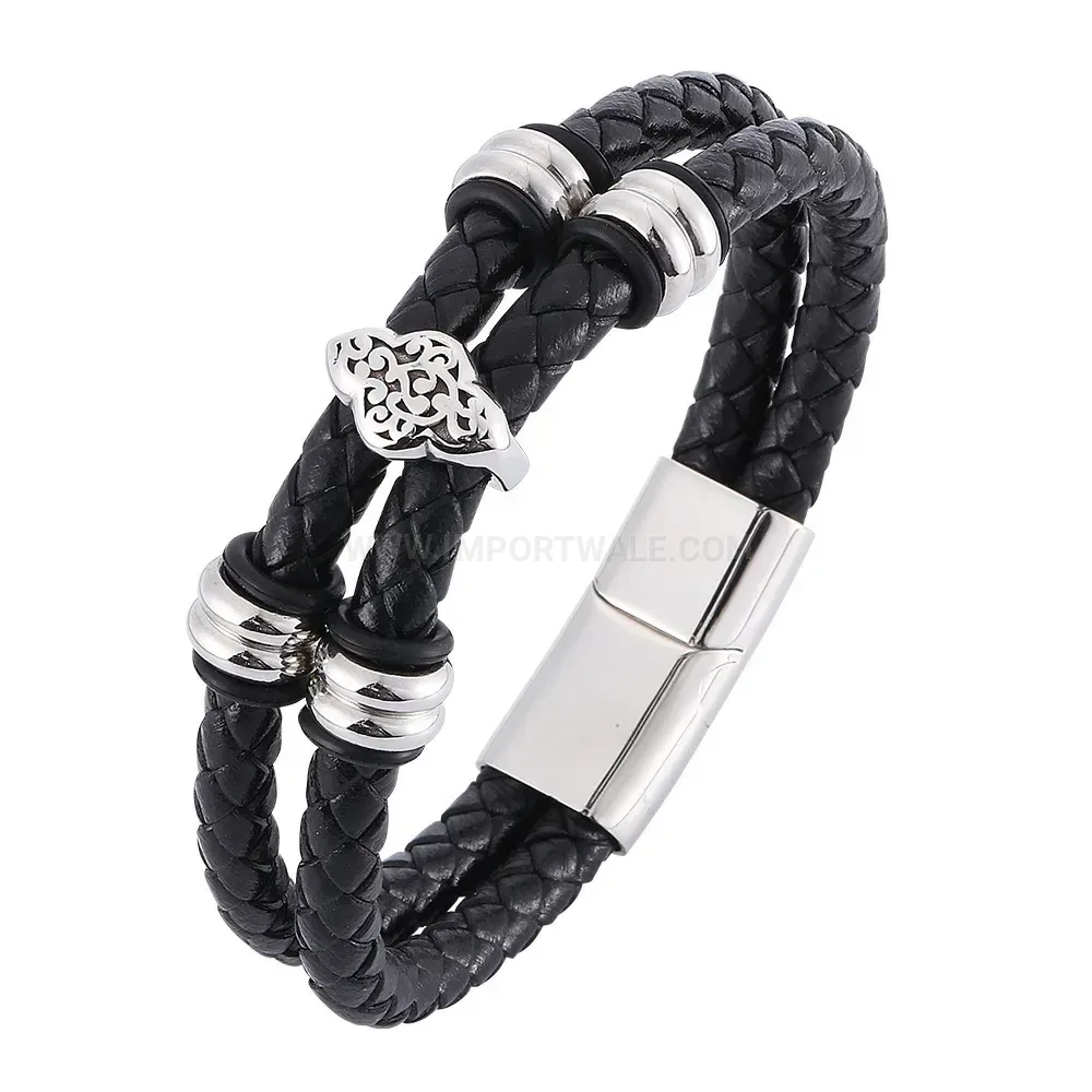 Floral Motif Electroplated Stainless Steel Braided Leather Bangle Bracelet