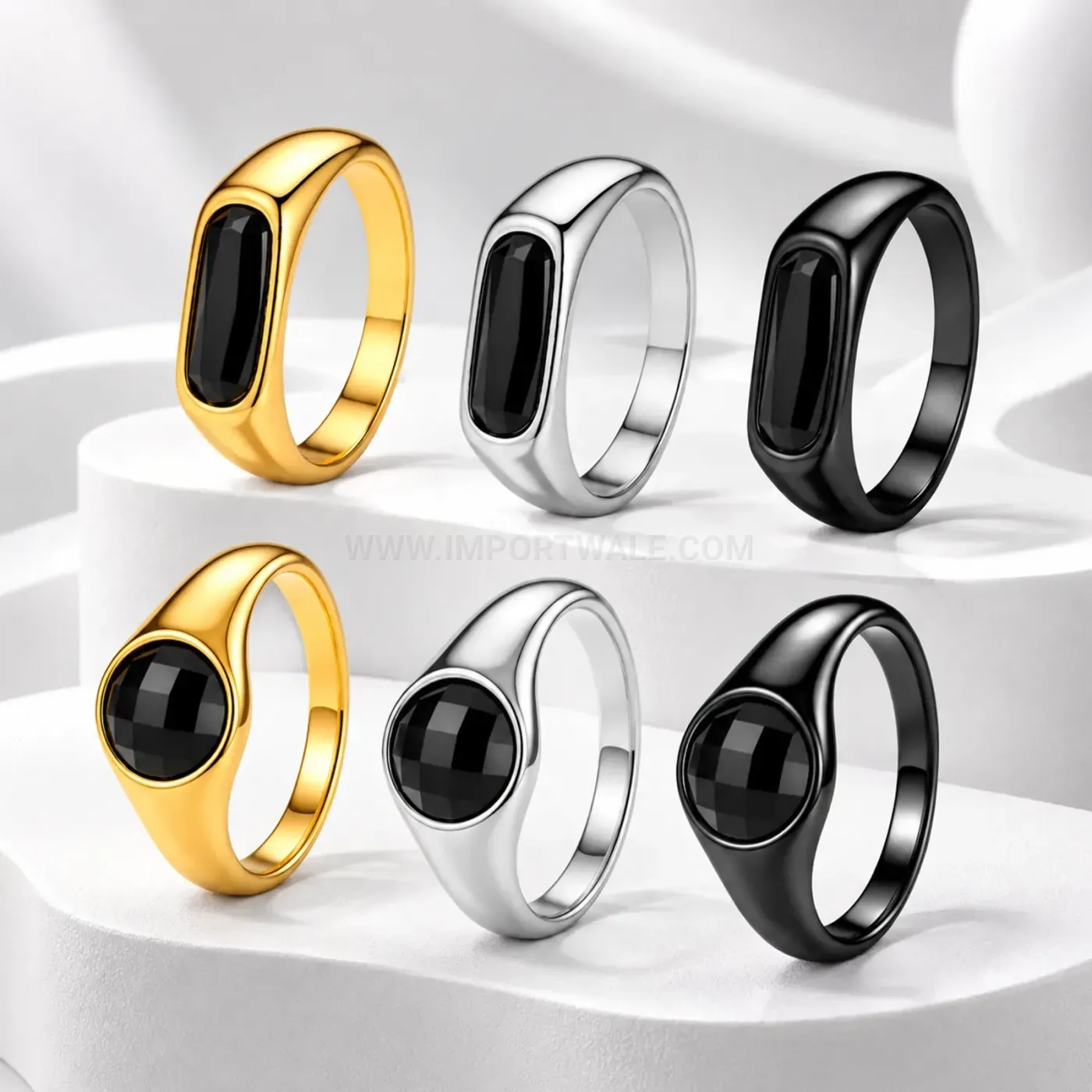 Stainless Steel Signet Ring with Black Inlay Accent