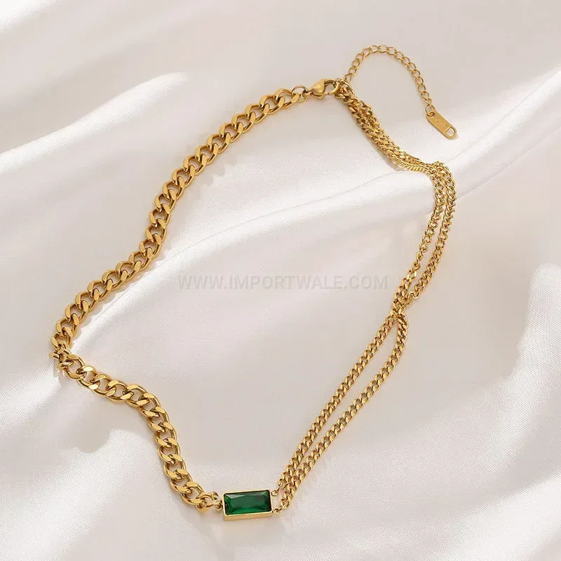Vintage Titanium Steel Emerald Zircon Geometric Choker Necklace