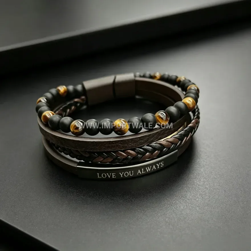 Multi-Strand Leather And Natural Stone Beads Wristband With Magnetic Clasp