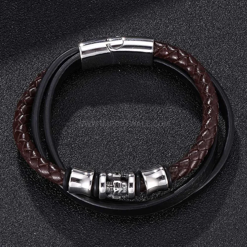 Skull Detail Multi Strand Leather Wristband in Stainless Steel