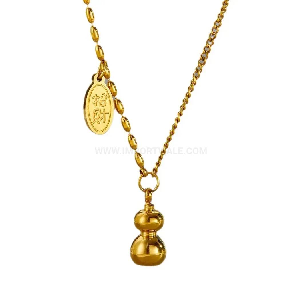 Trendy 18K Gold Vacuum Plated Titanium Steel Fortune Gourd Pendant Necklace