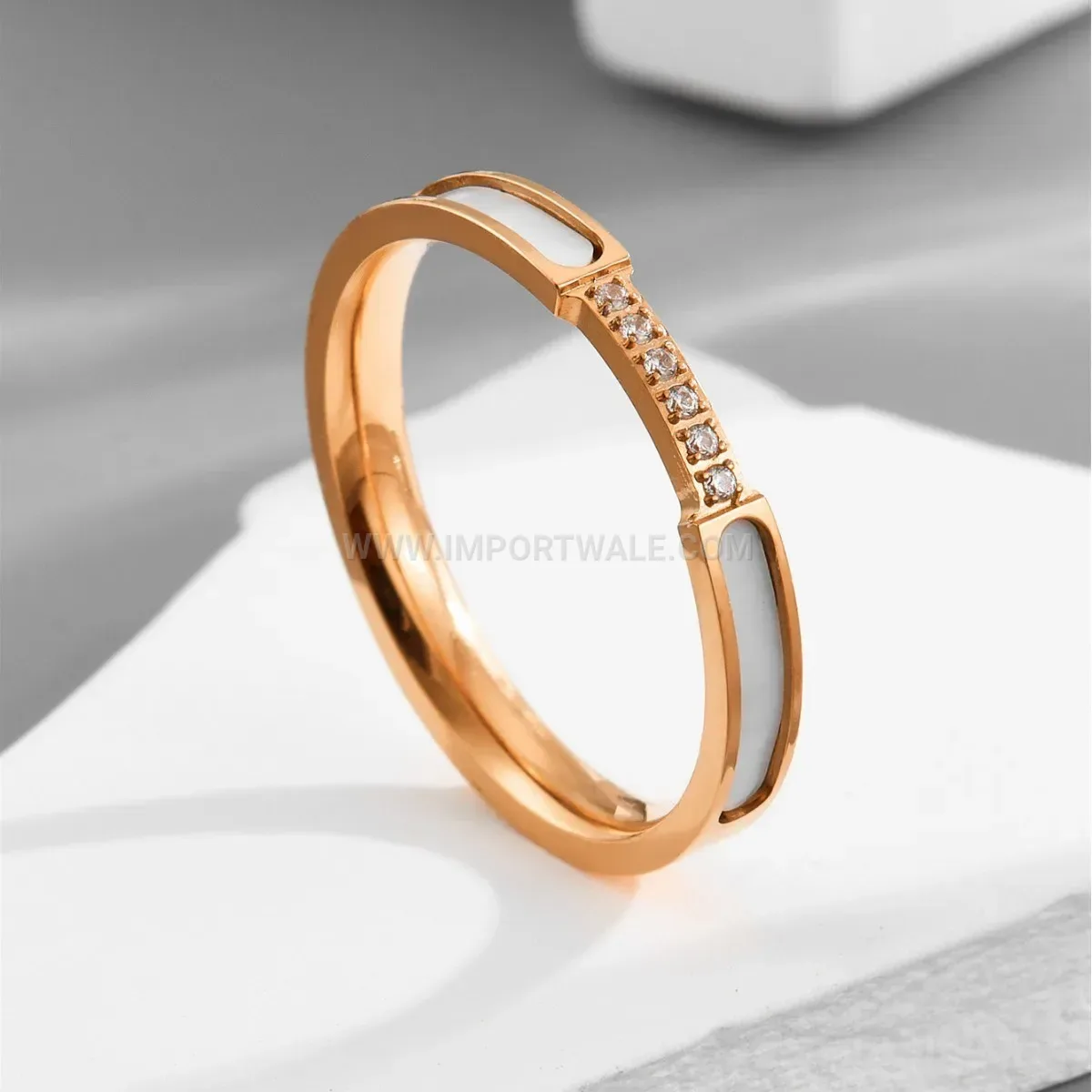 White Shell and Crystal Titanium Steel Band Ring