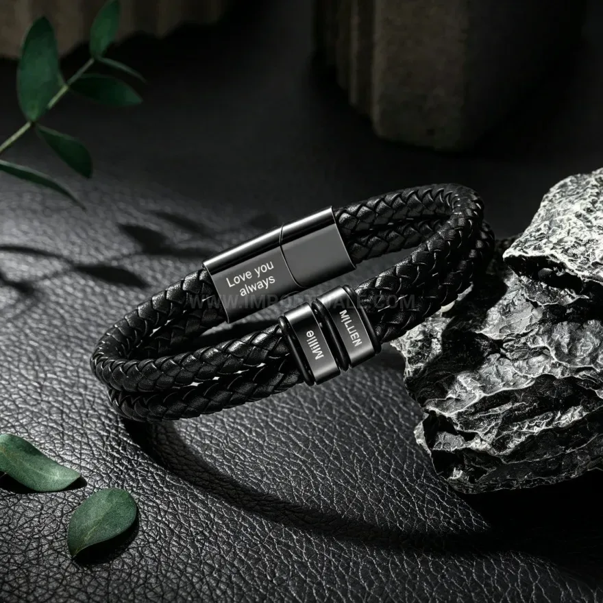 Elegant Double Layer Woven Leather Magnetic Clasp Men Bracelet