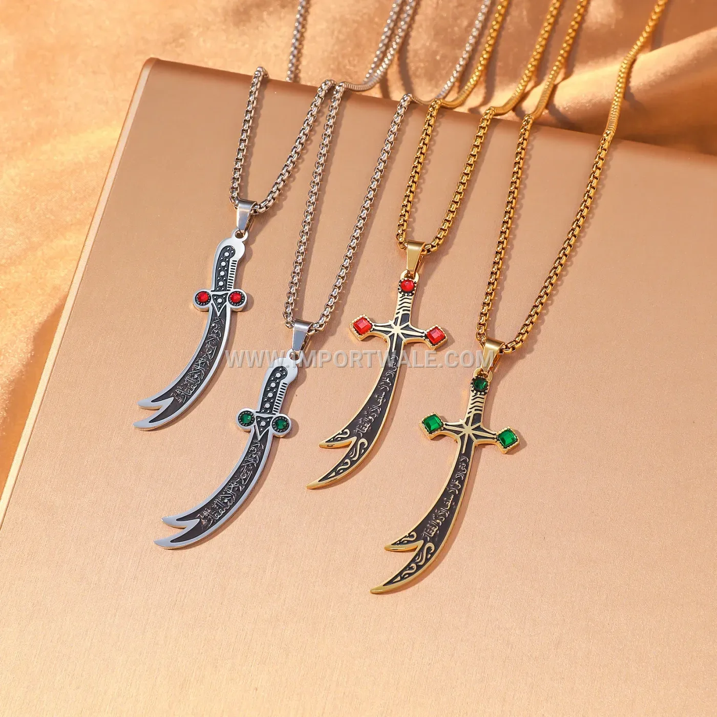 Stainless Steel Zulfiqar Sword Pendant Necklace with Zircon Accents