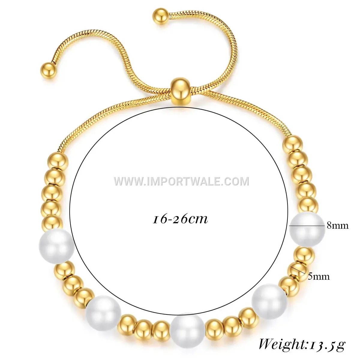 Adjustable Stainless Steel Snake Chain Bracelet with Faux Pearls