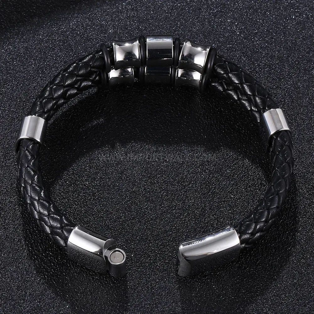Braided Leather Wristband with Stainless Steel Clasp Closure