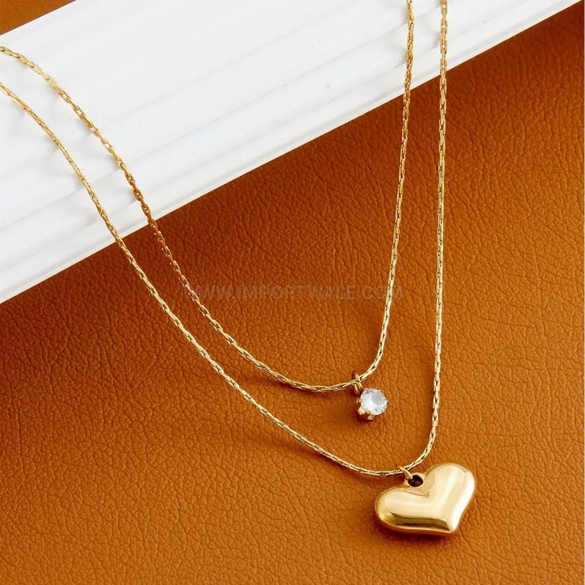 Stylish Titanium Steel Double Layered Crystal Heart Pendant Necklace