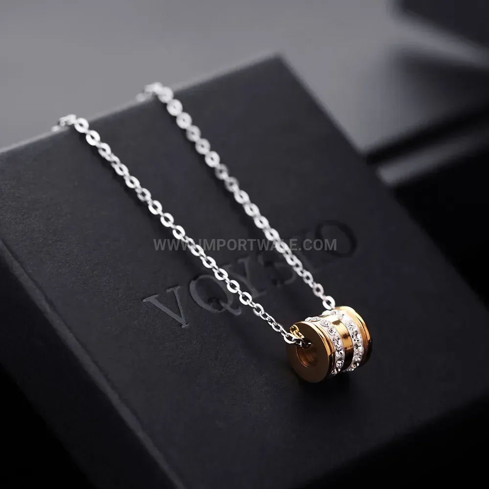 Stainless Steel Double Row Rhinestone Round Pendant Collar Necklace