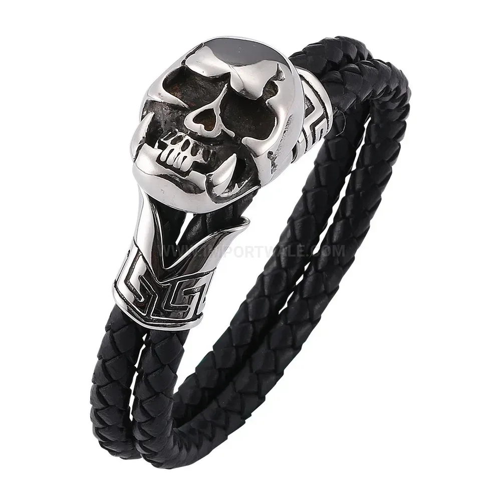 Vintage Skull Double Wrap Leather Bracelet with Stainless Steel Details