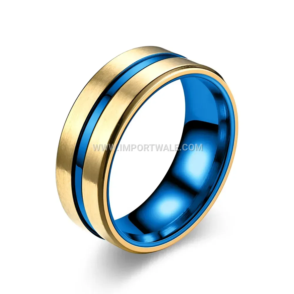 Grooved Beveled Stainless Steel Ring with Blue Accent