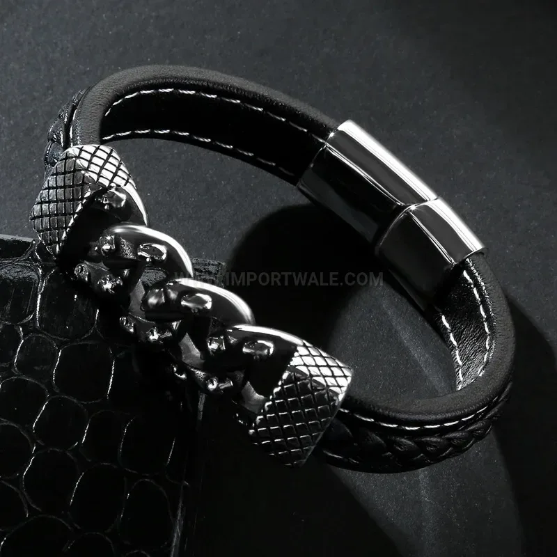 Chic Stainless Steel Skull Chain Leather Bangle Bracelet