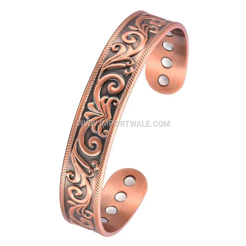 Vintage Vine Engraved Pure Copper Magnetic Open Cuff Bracelet