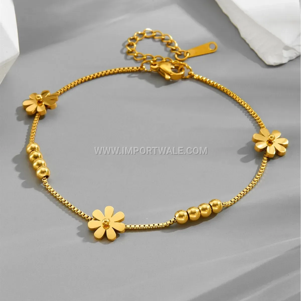 Delicate Daisy Bead Accent Gold Toned Premium Anklet Anti Tarnish