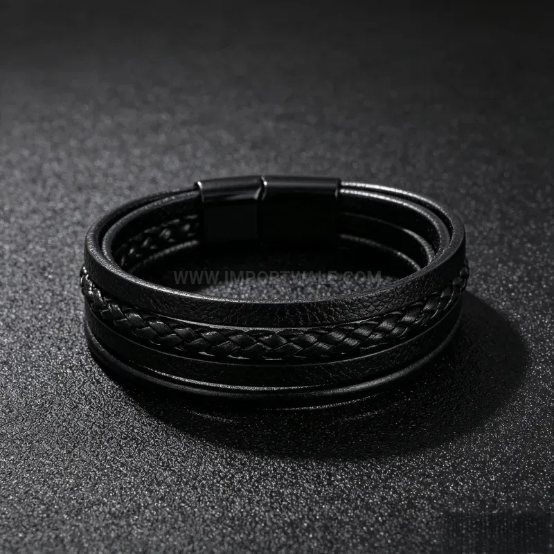 Trendy Minimalist Woven PU Leather Wristband with Alloy Magnetic Clasp