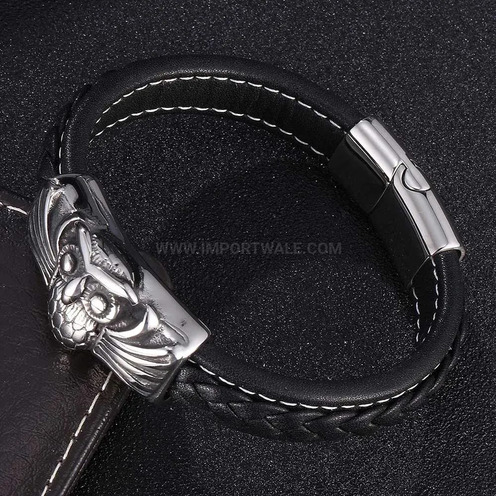 Chic Owl Motif Stainless Steel Leather Bracelet With Magnetic Closure