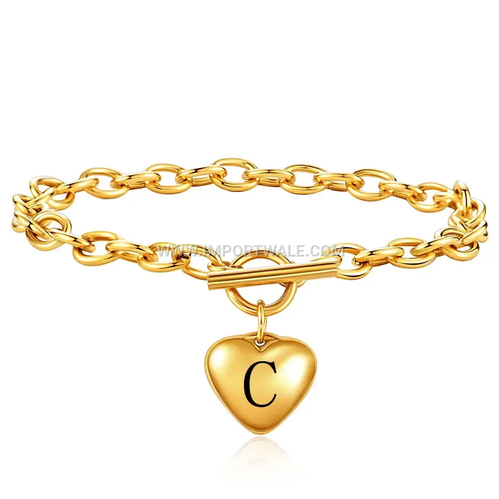 18K Gold Plated Stainless Steel Heart Initial Toggle Bracelet