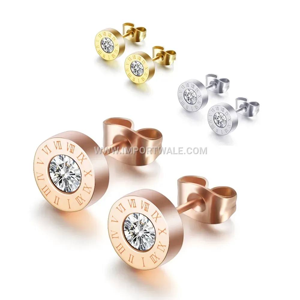 Roman Numeral Solitaire Zircon Stainless Steel Stud Earrings