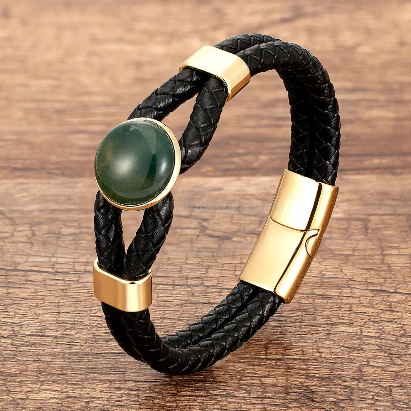 Handcrafted Braided Leather Bracelet with Round Natural Stone Accent