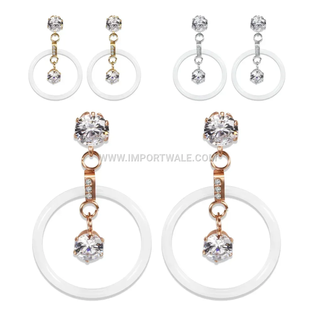 Sleek Hollow Circular Ceramic Drop Earrings Set With Zirconia