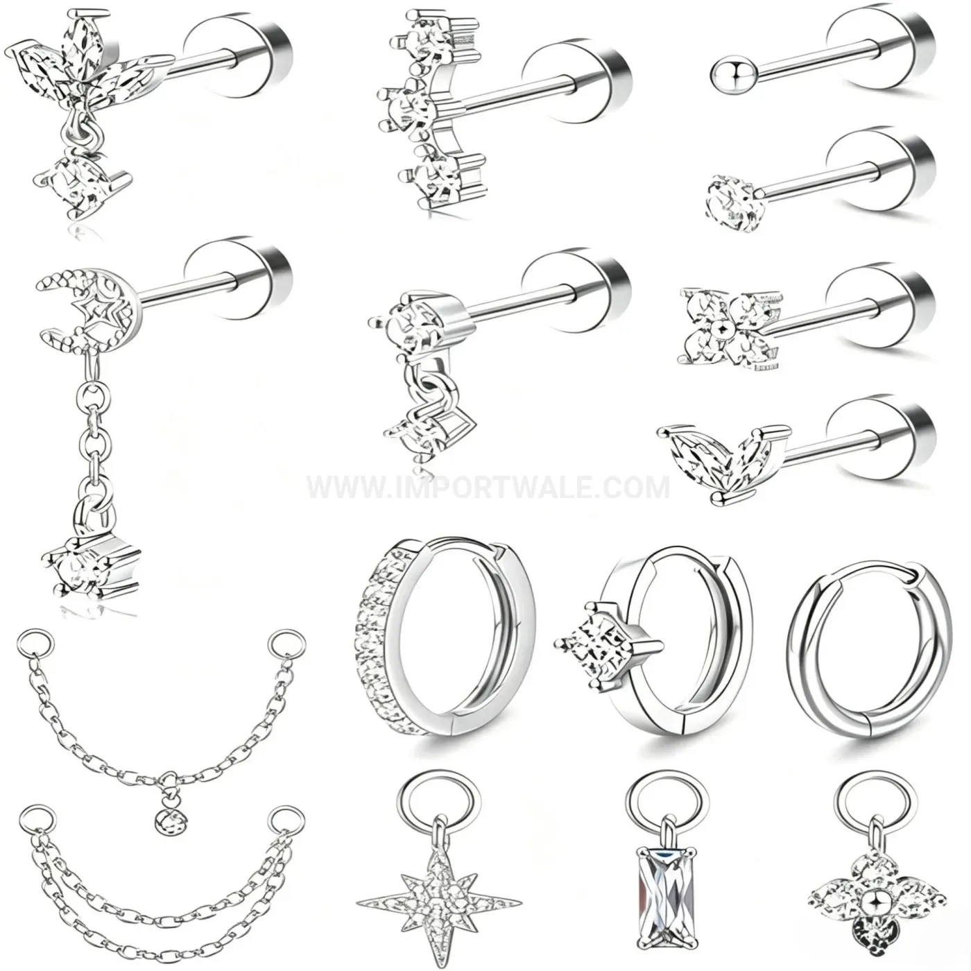 Bold Stainless Steel Four-Point Star Rhinestone Flat Back Earrings