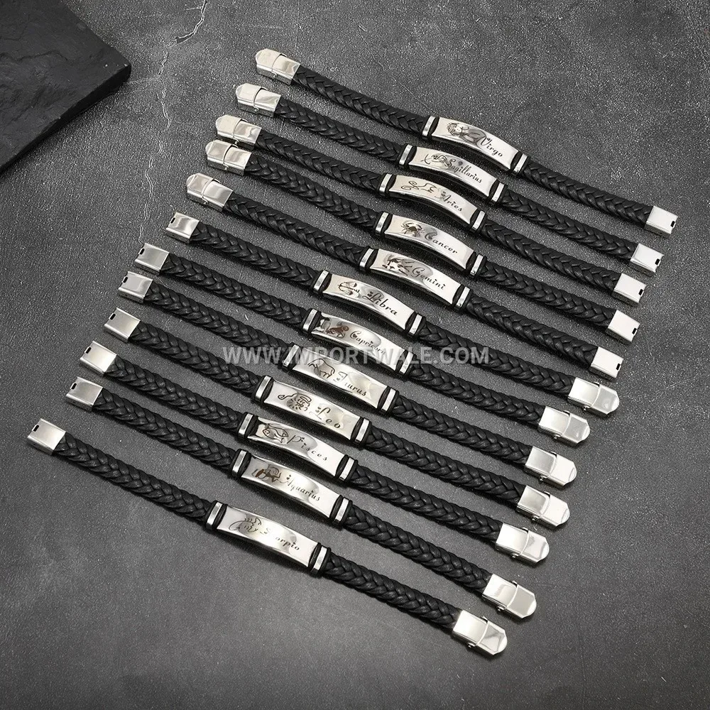 Zodiac Stainless Steel Leather Band Bracelet