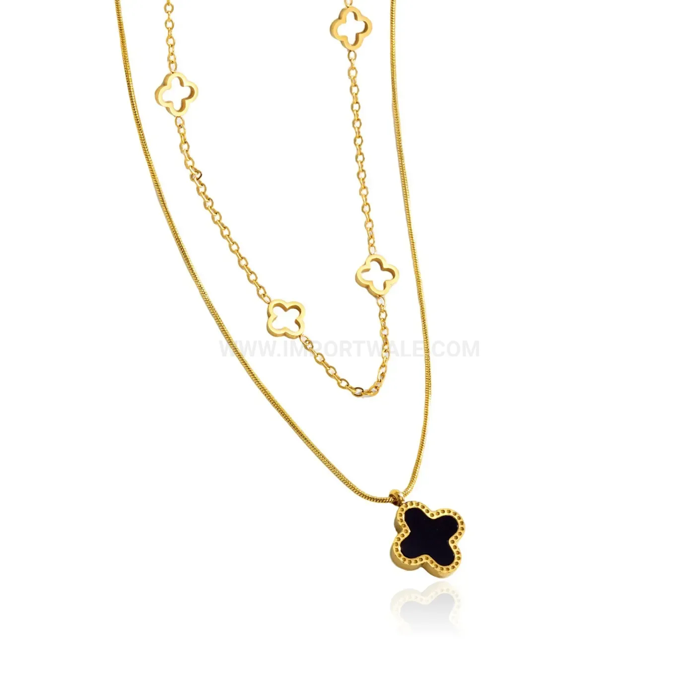 Double-Layer Gold Stainless Steel Four-Leaf Clover Necklace