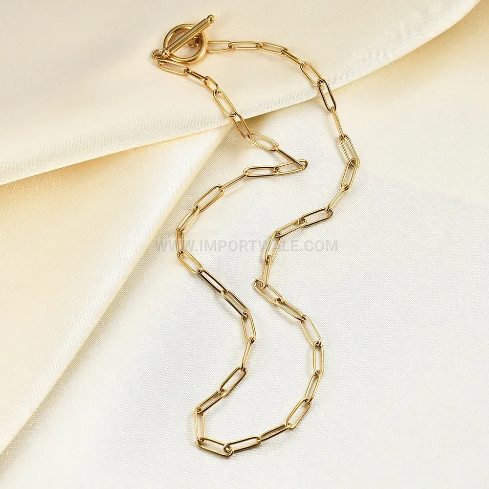 Gold Stainless Steel Safety Pin Pendant Necklace with Toggle Clasp