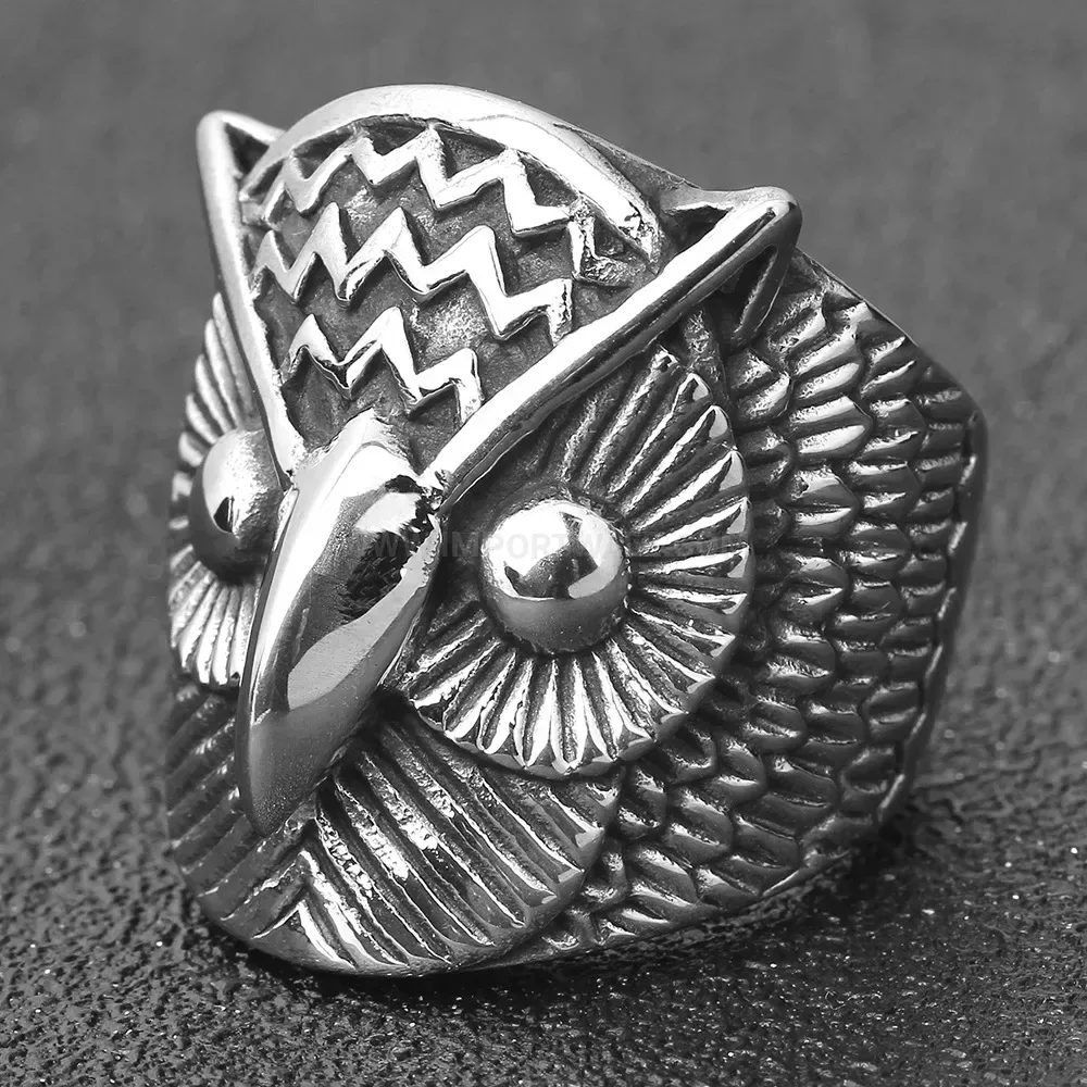 Premium Vintage Aged Stainless Steel Owl Signet Ring