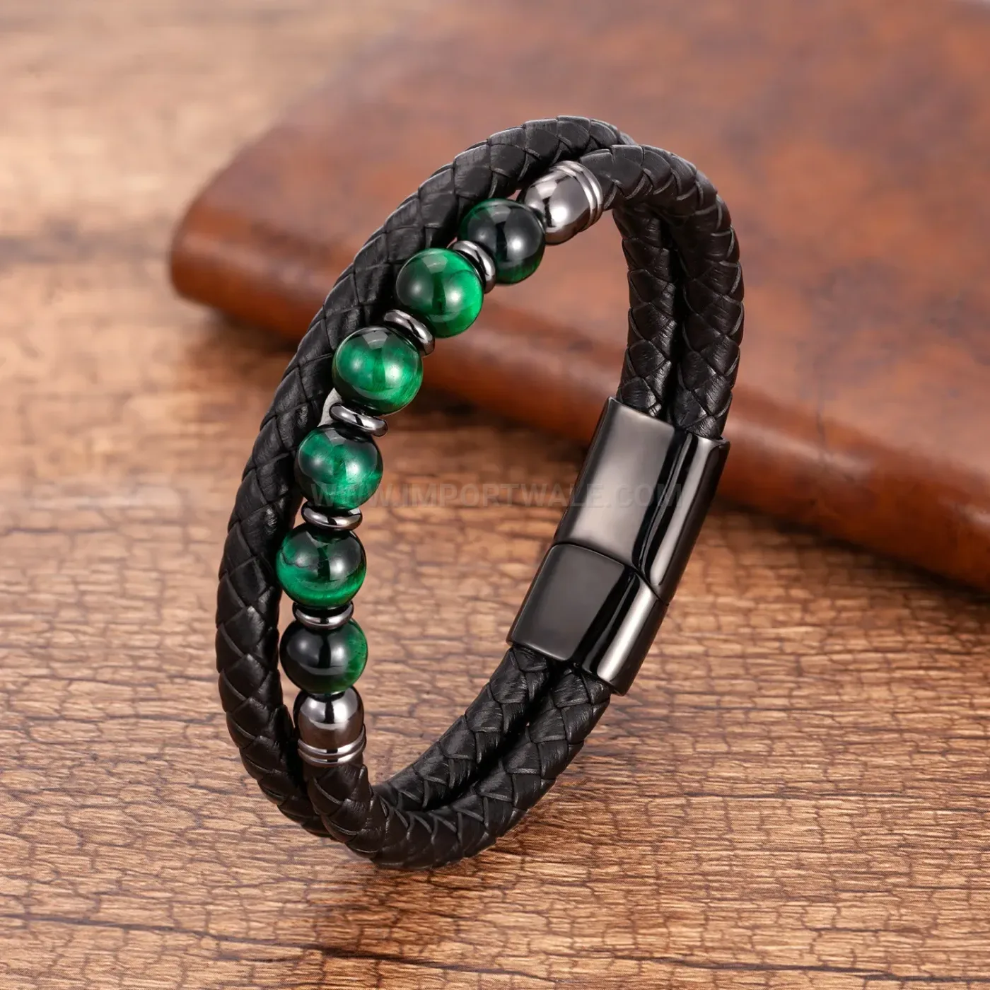 Tiger Eye Natural Stone Bead Leather Cord Bracelet Magnetic Stainless Clasp
