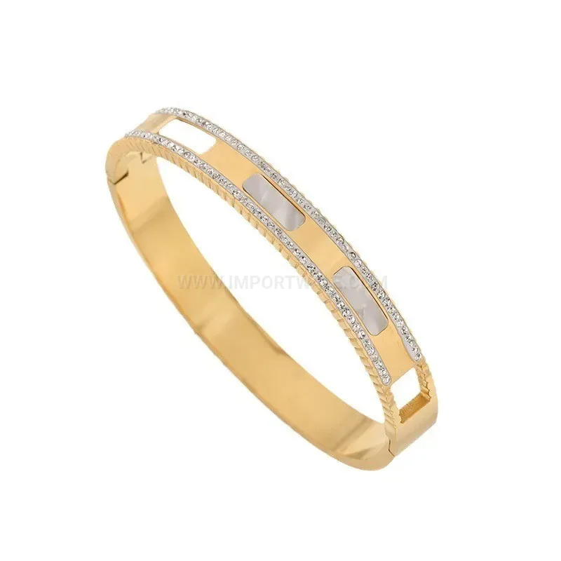 Fashion White Shell and Rhinestone Titanium Steel Bangle