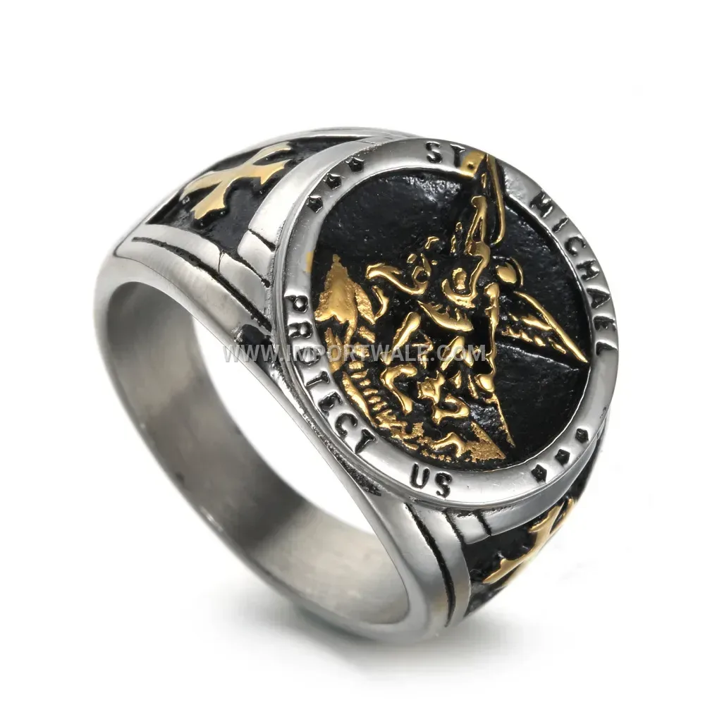 Men Vintage Saint Michael Cross Stainless Steel Ring