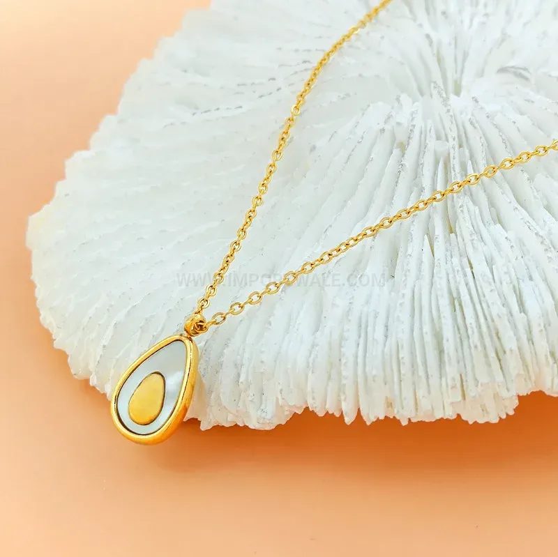 Gold Titanium Steel Avocado Teardrop Shell Pendant Clavicle Necklace