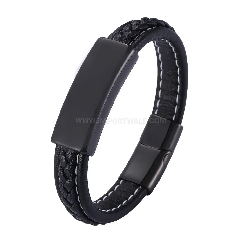 Smooth Leather Wristband with Stainless Steel Interlocking Clasp
