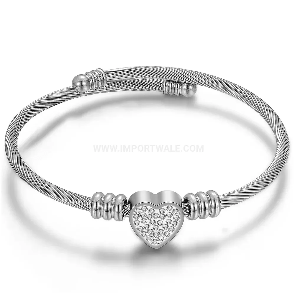 Stylish Stainless Steel Rhinestone Heart Cable Cuff Bangle Bracelet