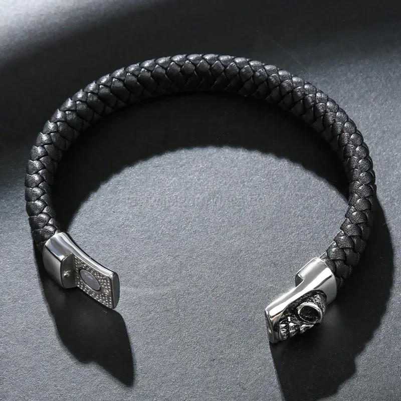 Premium Braided Leather Skull Wristband with Stainless Steel Accents