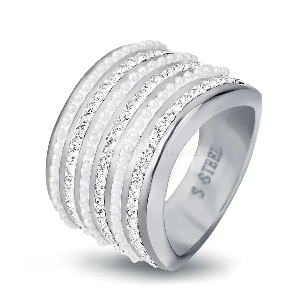 Elegant Pearl and Rhinestone Stainless Steel Accent Ring