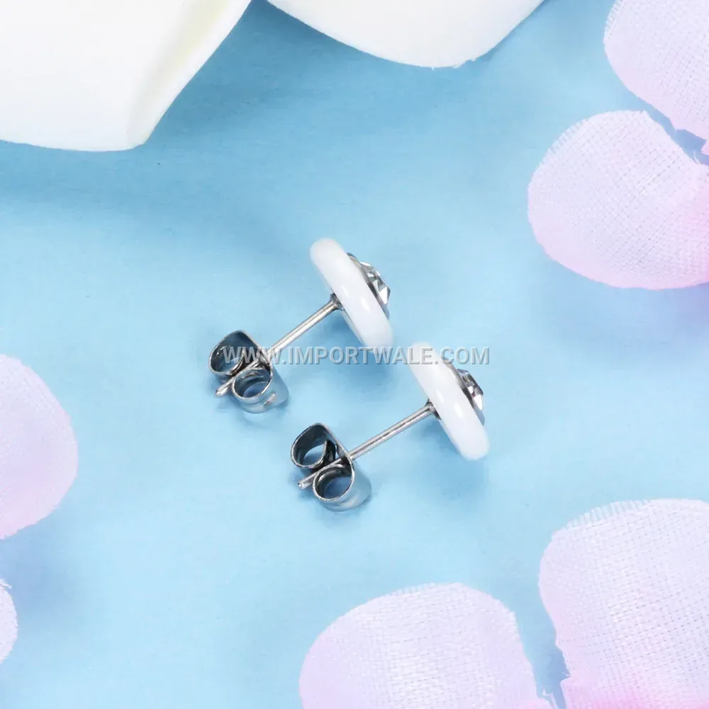 Round Ceramic and Stainless Steel Zircon Inlaid Stud Earrings